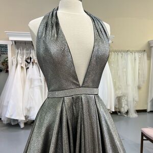 Halter neck silver prom dress by JVN Jovani